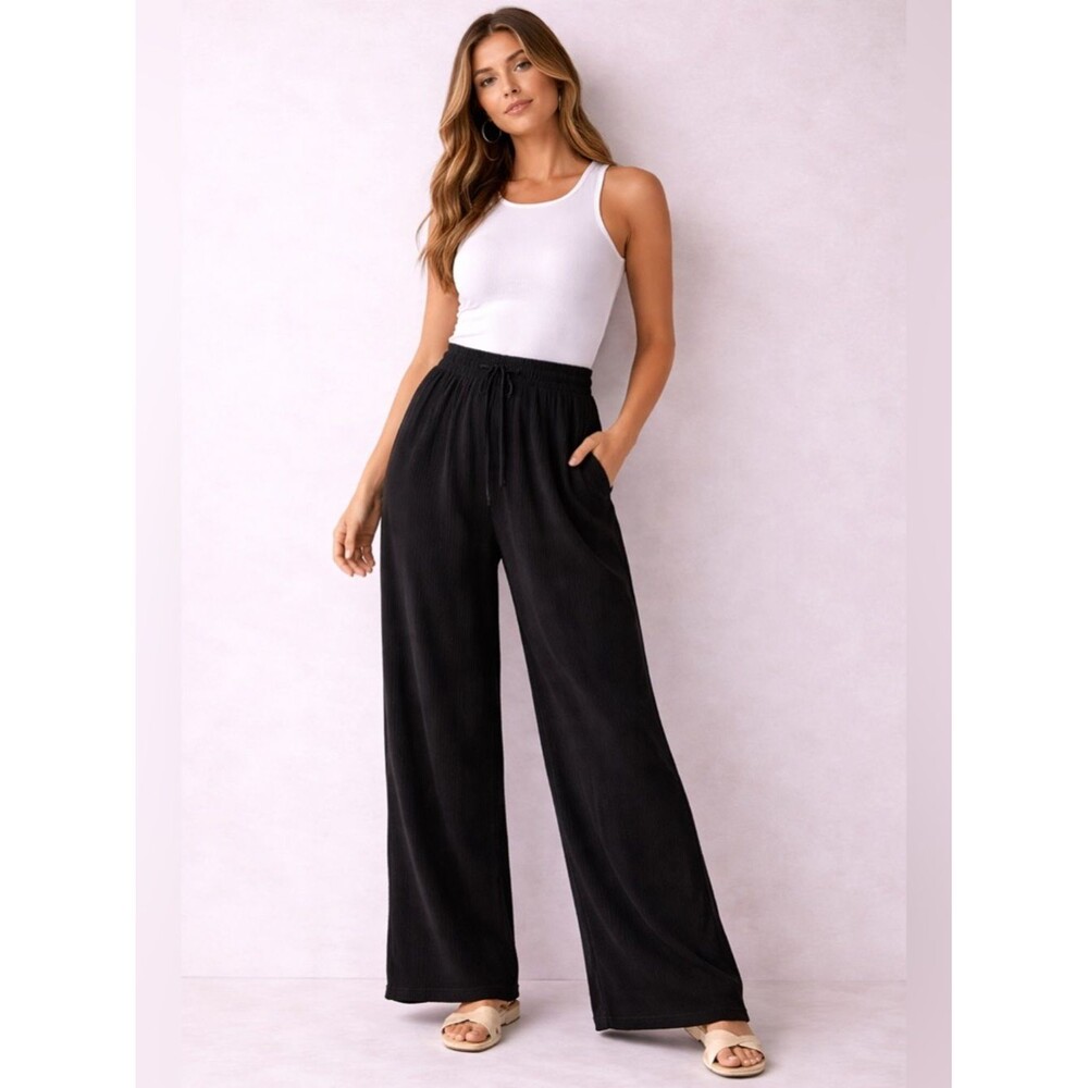 Black Wide Leg Lounge Pants High Waist Drawstring Comfy Chic